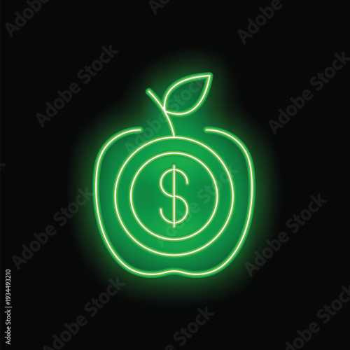 Green neon sign showing an apple with a dollar sign, illustrating the concept of the cost of education