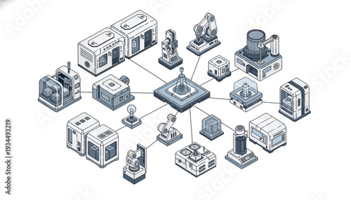 Isometric illustration of industrial facilities and machinery connected to a central hub.