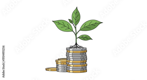 Plant Growing From Stack of Coins, Symbolizing Financial Growth and Investment