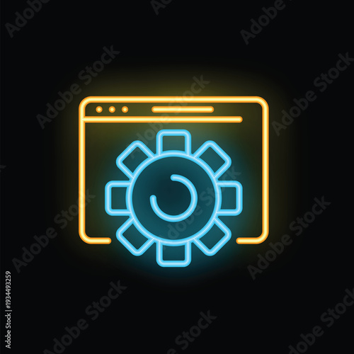 Neon icon of website page being optimized with cogwheel symbol displayed over it