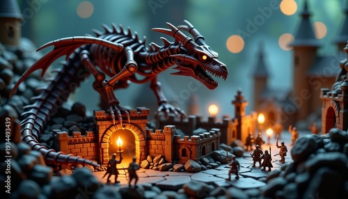 Fantasy miniature scene with a skeletal dragon looming over a castle and miniature townsfolk