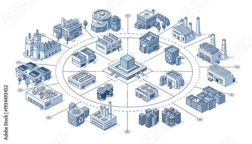 Industrial infrastructure network diagram with various facilities and buildings.