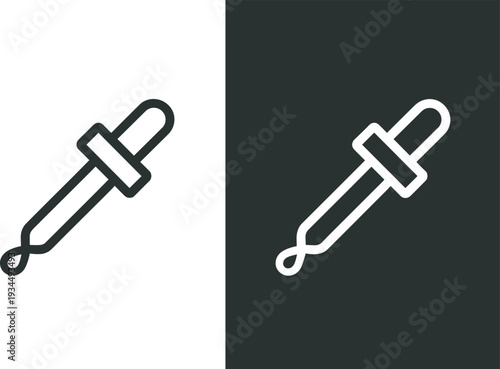 Black eye dropper icon set with line art and white outline version, pipette tool symbol, medical laboratory equipment vector illustration, pharmacy, science.