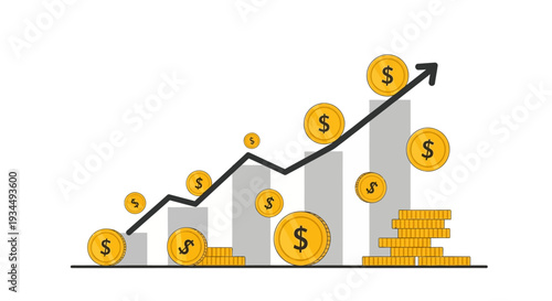 Financial growth chart with coins and upward arrow, symbolizing investment success and profit