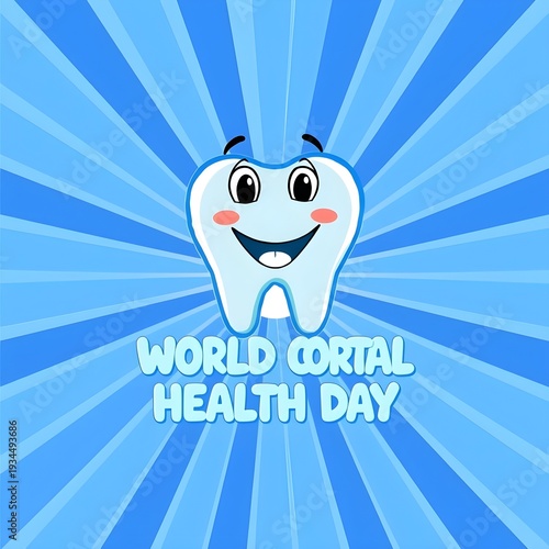 Cute cartoon tooth character celebrating world oral health day with blue sunburst background