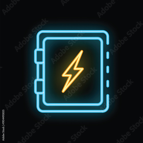 Blue neon sign of an electrical panel with a yellow lightning bolt, on a black background