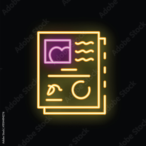 Yellow neon icon of a romantic postcard with a heart, isolated on a black background