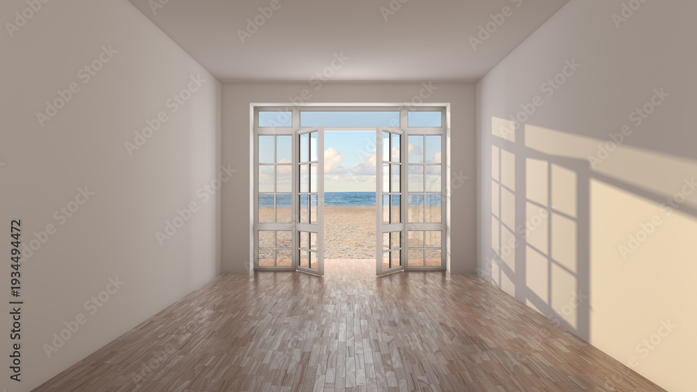 Obraz premium Bright empty interior with wooden floor and open French doors leading to sandy beach and blue sea. Natural sunlight casting shadows on wall, modern minimal coastal living concept. 3D Illustration
