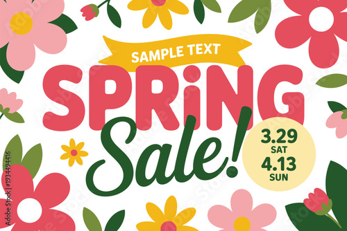 A colorful spring sale advertisement with flowers and sample text