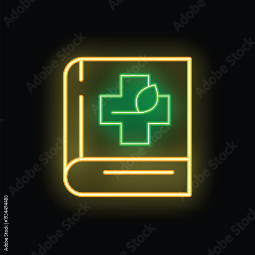 Glowing neon medical book icon with a green cross and leaf isolated on a black background