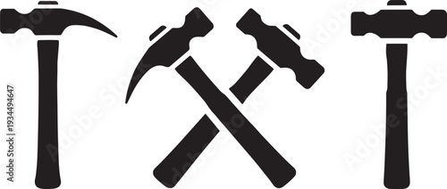Black hammer icons set including claw hammer, crossed mallets, and sledgehammer, construction carpentry tools, home repair vector illustration, diy hardware equipment, building.