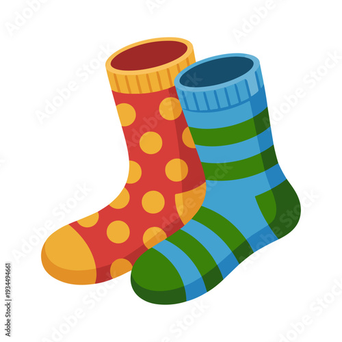 
A pair of colorful socks and red rubber rain boots are isolated on a white background as a seasonal footwear illustration for a child