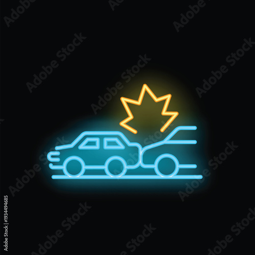Neon sign representing two cars colliding with each other on a dark background