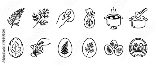 Set of black line art icons showing the traditional process of dyeing Easter eggs with natural herbs and leaves, including steps for wrapping, boiling, and decorating