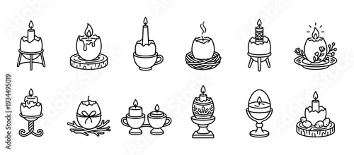 Collection of decorative eggshell candle icons in a simple black and white line art style for Easter holiday celebration, featuring various holders, stands, and nests