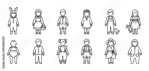 Set of twelve black line art children icons showing boys and girls in various cute outfits and costumes like a bunny, farmer, and baby onesie in a simple minimalist style