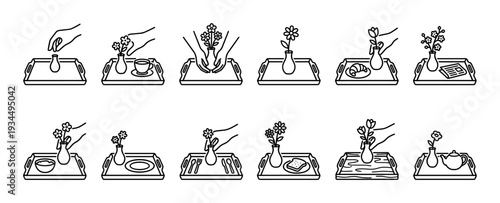 Set of breakfast tray line icons showing a vase with flowers, coffee, croissant, and other morning food items in a minimalist outline style for hospitality and room service concepts
