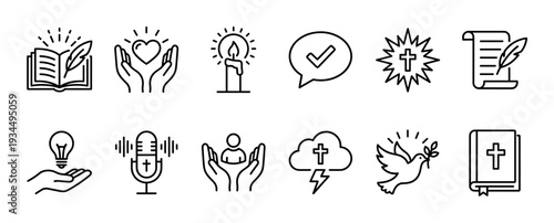 Set of black thin line icons representing Christian faith, spirituality, and religious concepts like the Bible, cross, dove of peace, prayer, charity, and community