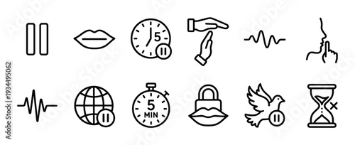 Collection of black minimalist line icons representing concepts of pause, silence, interruption, and taking a break, including symbols like a timeout gesture and a shushing face