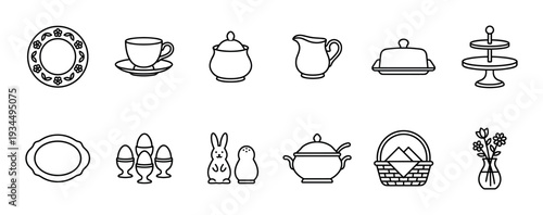 Collection of minimalist line art icons showing various tableware items and Easter holiday elements like eggs, a bunny, and a floral vase for a festive table setting