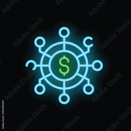 Glowing neon icon of crowdfunding platform connecting people online for financial support