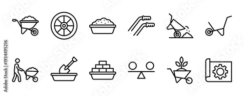 Set of twelve black line icons for construction and gardening themes, including a wheelbarrow, shovel, bricks, and a blueprint, presented in a clean, minimalist vector style