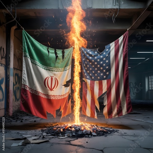 Iranian and American Flags Burning in Conflict.