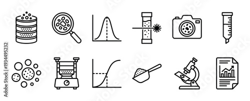 Collection of black outline icons for particle size analysis, including a sieve, microscope, laser diffraction, graphs, and other laboratory equipment for scientific research