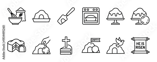 Collection of black line art icons depicting the Easter story of resurrection and baking traditions, including an empty tomb, cross, dove, and ingredients for making a cake