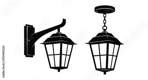 A detailed illustration of two antique style outdoor lamps mounted on a wall presented as a silhouette high quality
