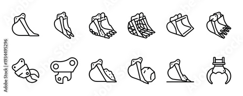 Excavator bucket and attachment line icon set showing various heavy machinery parts like grapples, rippers, and scoops for construction and earthmoving equipment