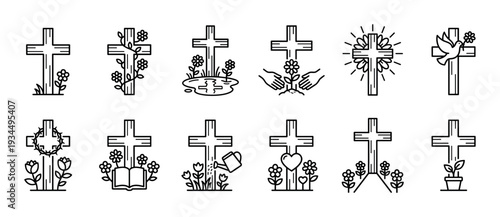 Set of Christian cross line icons decorated with flowers, a dove, a heart, and a crown of thorns representing faith, hope, and resurrection in a minimalist outline style
