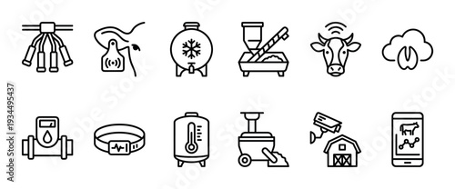 Set of modern dairy farm icons representing smart agriculture technology, including automated milking equipment, livestock monitoring sensors, and digital management tools