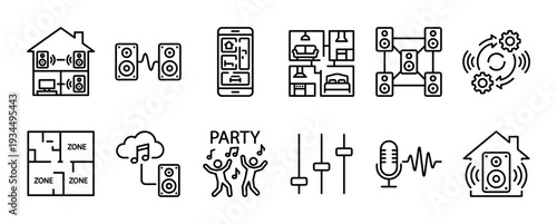 Multi-room audio system line icon set for smart home automation, showing speakers, zones, mobile control, and party entertainment concepts in a minimalist vector illustration