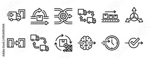 Logistics and supply chain management line icons representing delivery, distribution, workflow optimization, and process management in a simple black vector pictogram collection for business
