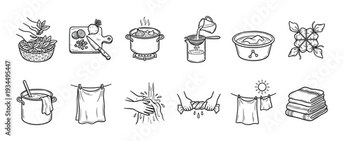 Set of hand-drawn icons illustrating the step-by-step process of natural fabric dyeing with plants, from harvesting and boiling to washing and drying the finished textile