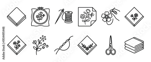 Set of black line art icons for embroidery and needlework, featuring a hoop, needle, thread, scissors, and floral patterns on handkerchiefs in a minimalist vector illustration style