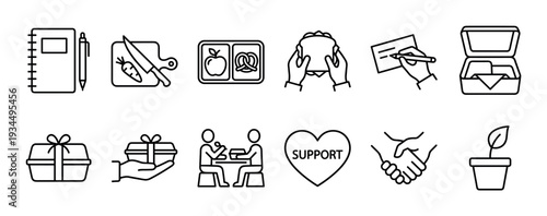 Set of thin line icons representing charity, food donation, community support, and packed lunch preparation, featuring symbols of care, giving, healthy meals, and volunteering
