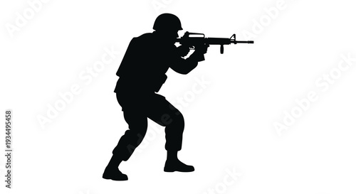 A lone soldier aiming a rifle in a dynamic pose showcasing military readiness and strength a stark silhouette