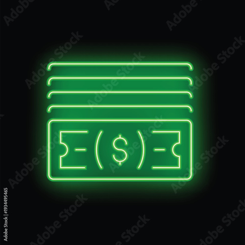Green neon sign depicting a stack of dollar bills on a black background, perfect for financial or business concepts