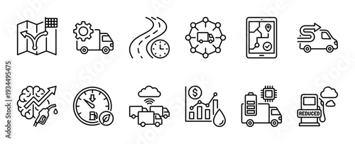 Set of black line icons for logistics and transportation showing route planning, delivery, fuel economy, and fleet management concepts in a minimalist style