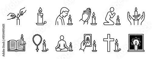 Set of black line art icons depicting prayer, religion, and spirituality with symbols like candles, praying hands, cross, rosary, and meditation poses in a minimalist style