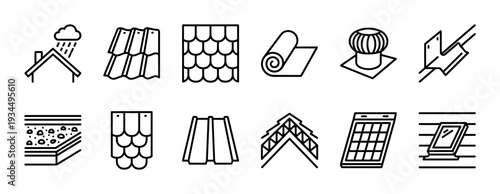 Roofing materials and construction line icon set featuring various elements like tiles, solar panels, insulation, vents, and skylights for building and home improvement projects