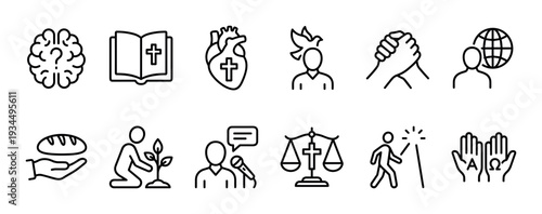 Set of black line art icons representing Christian faith, theology, and church life concepts like the Bible, prayer, mission, community, and salvation in a simple outline style