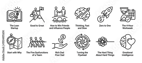 Set of twelve black line art icons representing business, management, and self-help concepts like innovation, leadership, teamwork, finance, and emotional intelligence