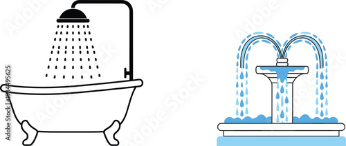 Bathtub with Shower and Decorative Water Fountain Flat Vector Illustration Bathroom and Outdoor Water Feature Isolated on Light Background