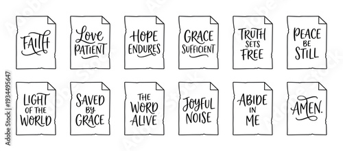 Set of hand-lettered Christian phrases and religious quotes in modern calligraphy style, featuring inspirational words like Faith, Hope, Love, and Grace on simple paper illustrations