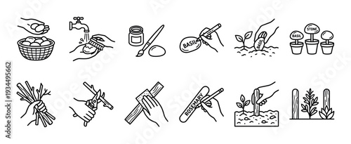 Set of black line art icons illustrating a DIY tutorial for creating garden plant markers from natural materials like stone and wood, showing the process from preparation to planting herbs