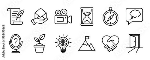 Set of black line art icons representing storytelling concepts like writing, filmmaking, communication, and creative ideas for business and personal development projects