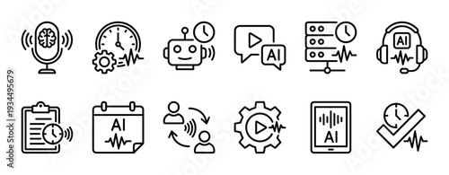 Set of black line icons representing artificial intelligence, voice recognition, and audio processing technology, including a robot, microphone, server, and headset symbols for modern concepts